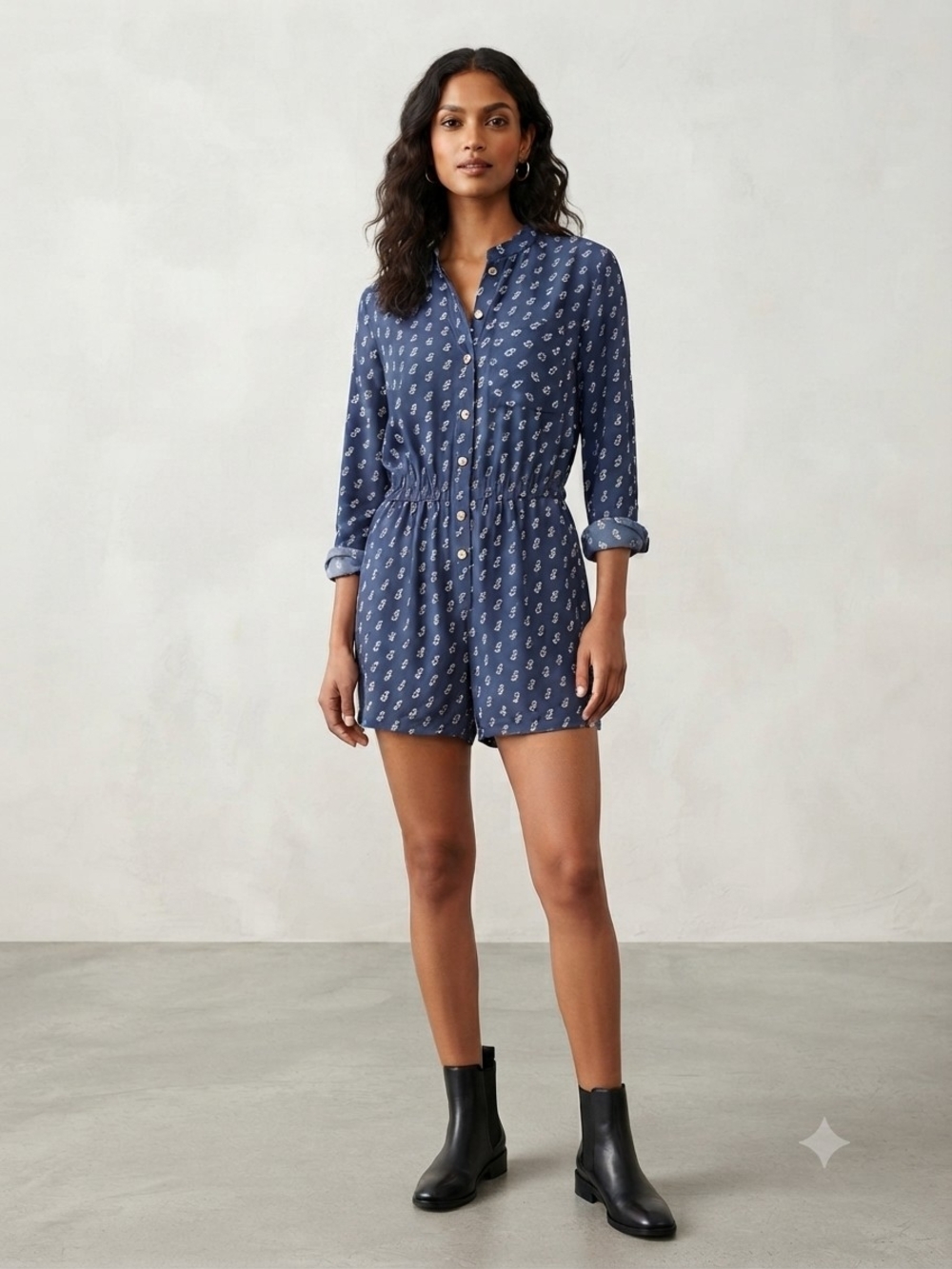 Ann Taylor Blue Printed Long-Sleeve Romper